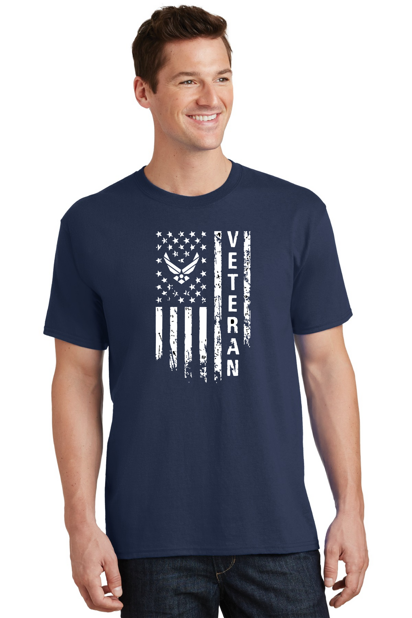Air Force Veteran White Distressed Flag with Air Force Symbol Short Sleeve Shirt