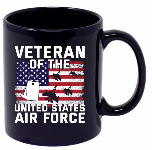 Air Force Veteran Red, White and Blue Flag, Jets and Dog Tags 110z Coffee Mug