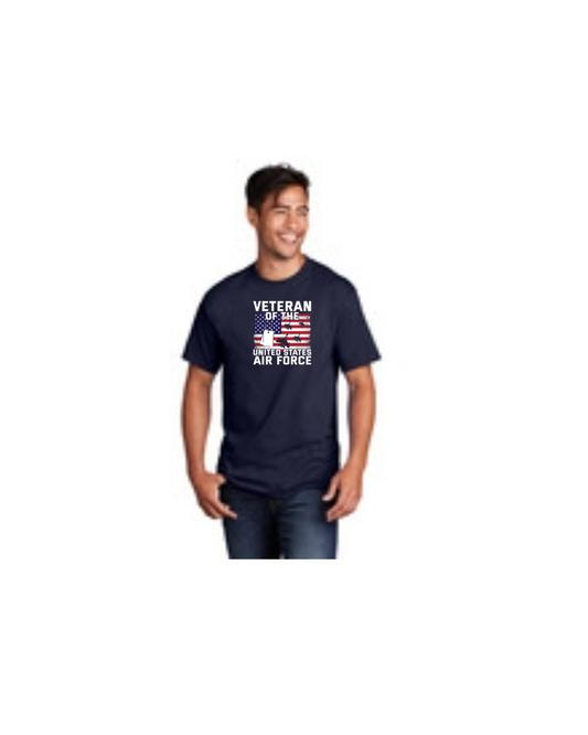 Air Force Veteran Red, White and Blue Flag, Dog Tags and Jets Short Sleeve T-Shirt